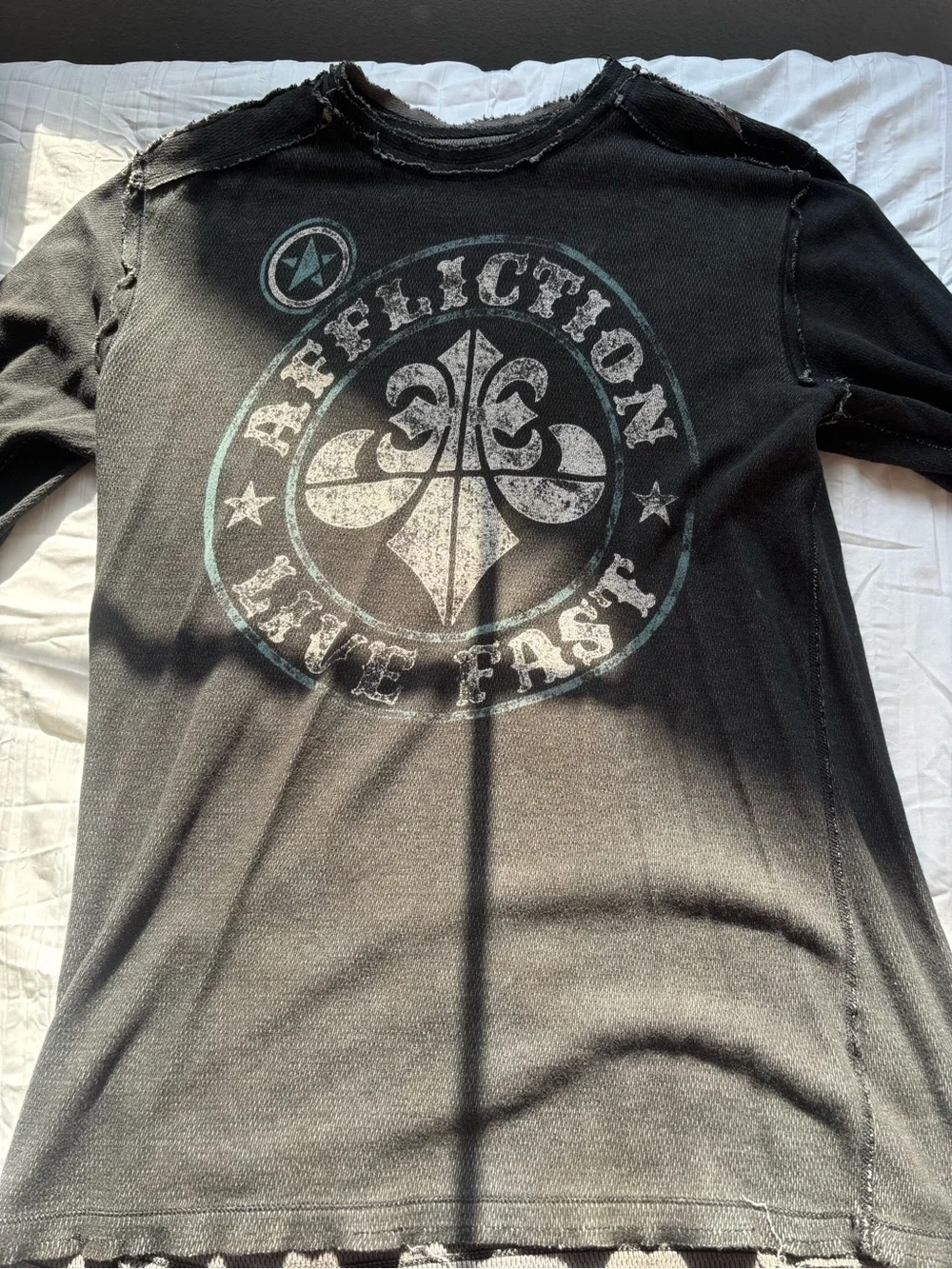 Affliction Live Fast Black Long Sleeve Graphic Tee with Faded Crest